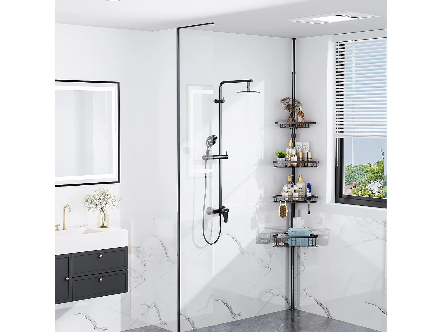 Étagère de douche télescopique sans perçage, avec 4 paniers, étagère d'angle pour douche et baignoire, réglable en hauteur de 98 cm à 287 cm, noire