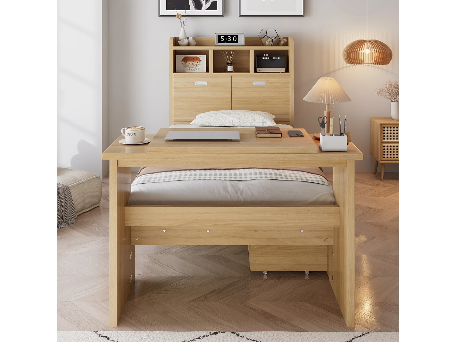 Lit 90 x 200 cm avec tiroir de rangement et table pliante réglable 12 positions – Panneaux de particules et LVL – Naturel (Sans matelas)