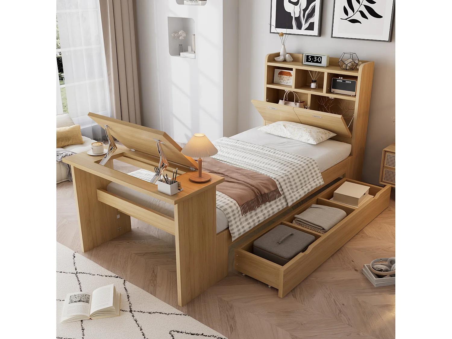 Lit 90 x 200 cm avec tiroir de rangement et table pliante réglable 12 positions – Panneaux de particules et LVL – Naturel (Sans matelas)