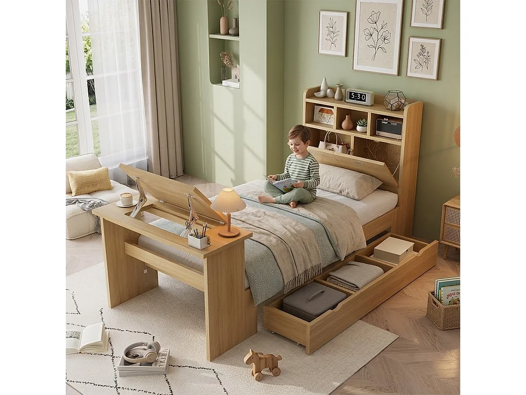 Lit 90 x 200 cm avec tiroir de rangement et table pliante réglable 12 positions – Panneaux de particules et LVL – Naturel (Sans matelas)