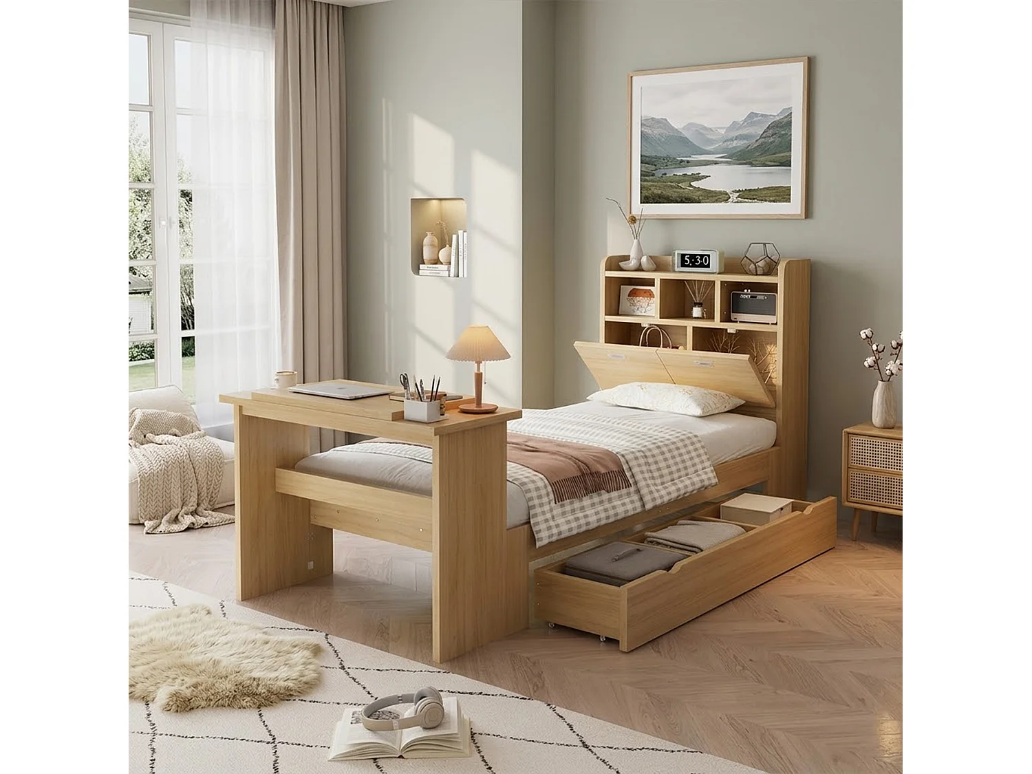 Lit 90 x 200 cm avec tiroir de rangement et table pliante réglable 12 positions – Panneaux de particules et LVL – Naturel (Sans matelas)