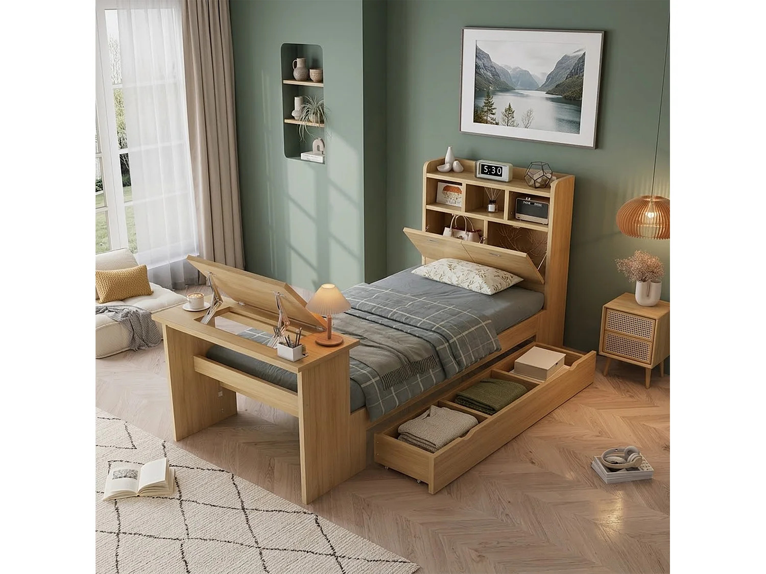 Lit 90 x 200 cm avec tiroir de rangement et table pliante réglable 12 positions – Panneaux de particules et LVL – Naturel (Sans matelas)