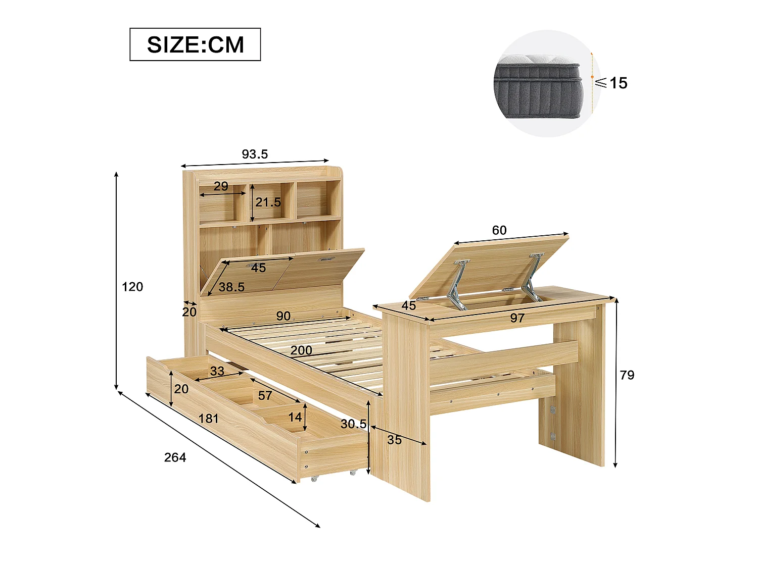Lit 90 x 200 cm avec tiroir de rangement et table pliante réglable 12 positions – Panneaux de particules et LVL – Naturel (Sans matelas)