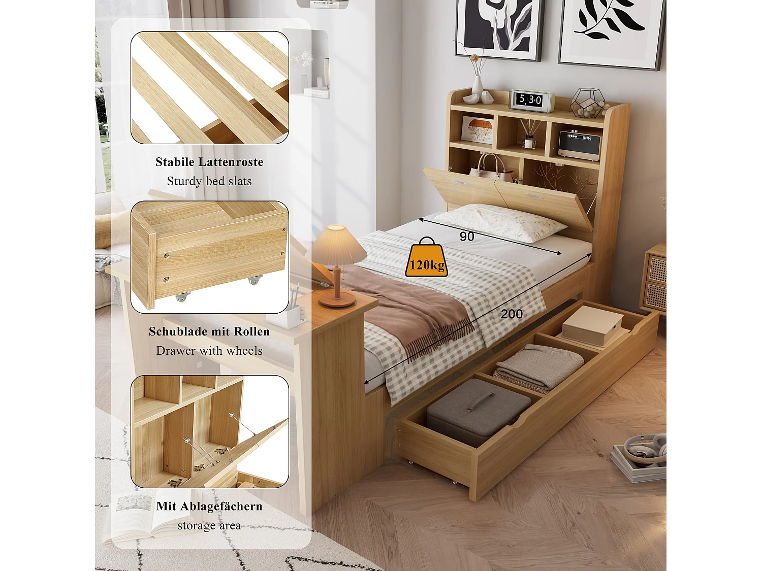 Lit 90 x 200 cm avec tiroir de rangement et table pliante réglable 12 positions – Panneaux de particules et LVL – Naturel (Sans matelas)