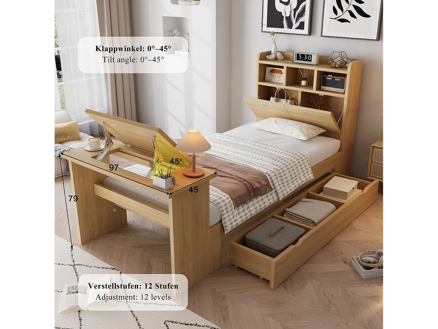 Lit 90 x 200 cm avec tiroir de rangement et table pliante réglable 12 positions – Panneaux de particules et LVL – Naturel (Sans matelas)