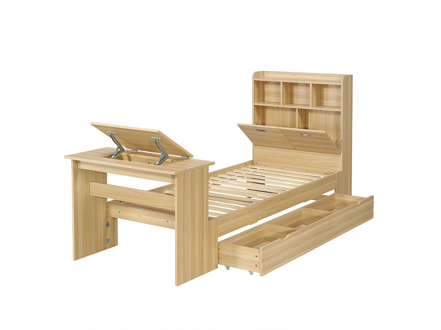 Lit 90 x 200 cm avec tiroir de rangement et table pliante réglable 12 positions – Panneaux de particules et LVL – Naturel (Sans matelas)