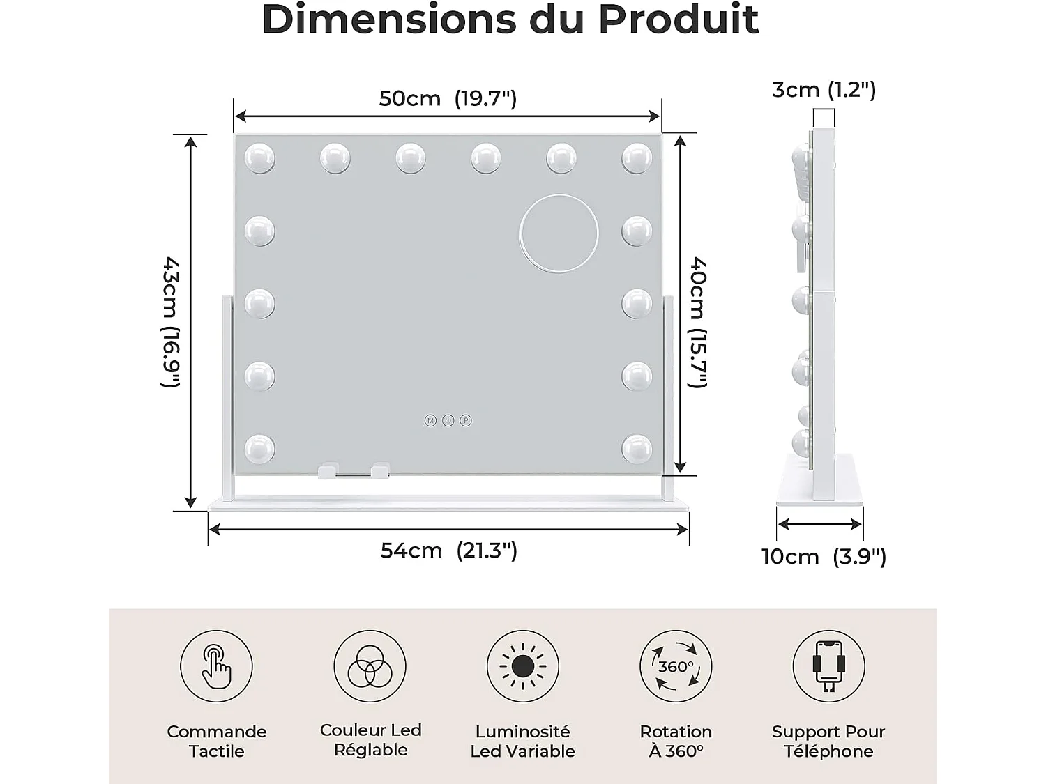 Dripex Miroir Maquillage, 3 Modes de Lumière, Support Téléphone Amovible, Contrôle Tactile, 14 Ampoules, 54 x 43 cm - Blanc