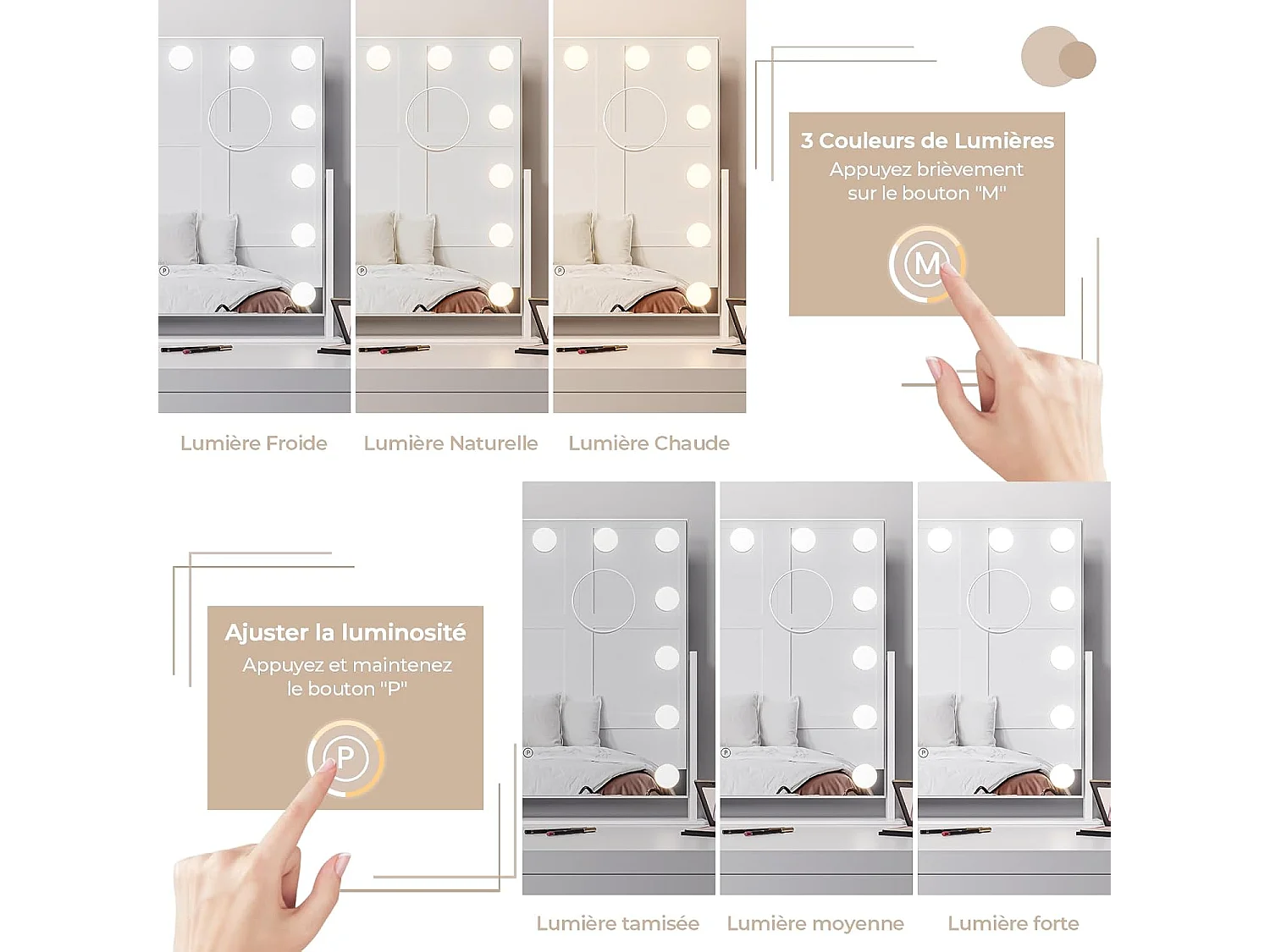 Dripex Miroir Maquillage, 3 Modes de Lumière, Support Téléphone Amovible, Contrôle Tactile, 14 Ampoules, 54 x 43 cm - Blanc