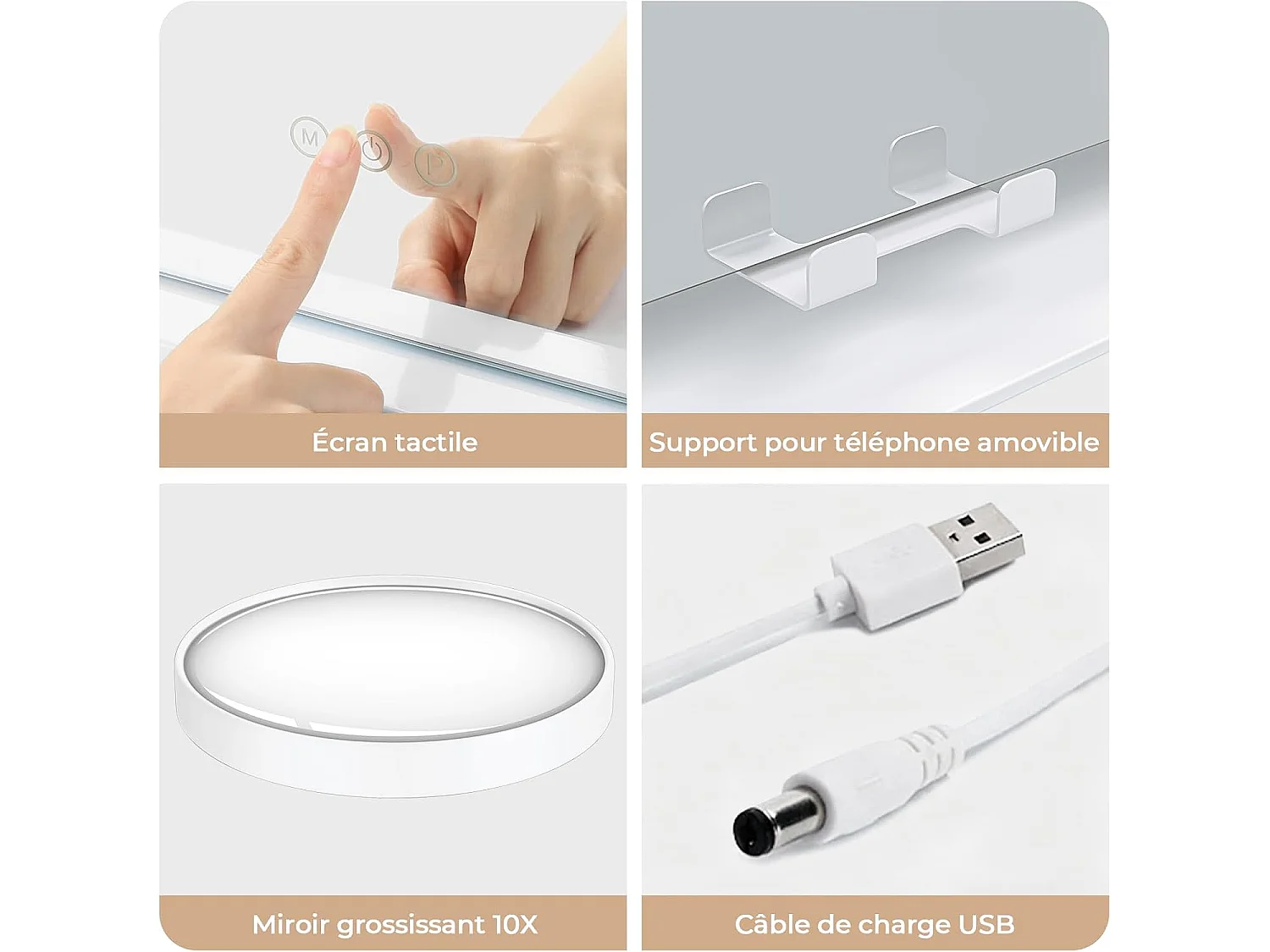 Dripex Miroir Maquillage, 3 Modes de Lumière, Support Téléphone Amovible, Contrôle Tactile, 14 Ampoules, 54 x 43 cm - Blanc