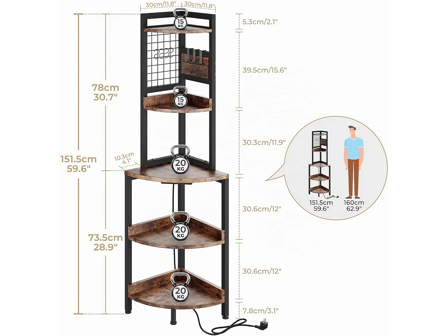 Dripex Étagère d'angle à 5 niveaux avec prises électriques, bibliothèque sur pied avec éclairage LED, pour salon et cuisine, marron vintage et noir, 40x40x152cm