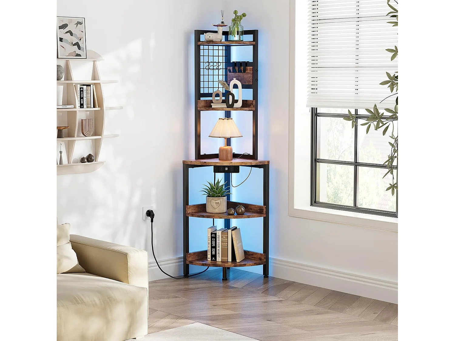 Dripex Étagère d'angle à 5 niveaux avec prises électriques, bibliothèque sur pied avec éclairage LED, pour salon et cuisine, marron vintage et noir, 40x40x152cm