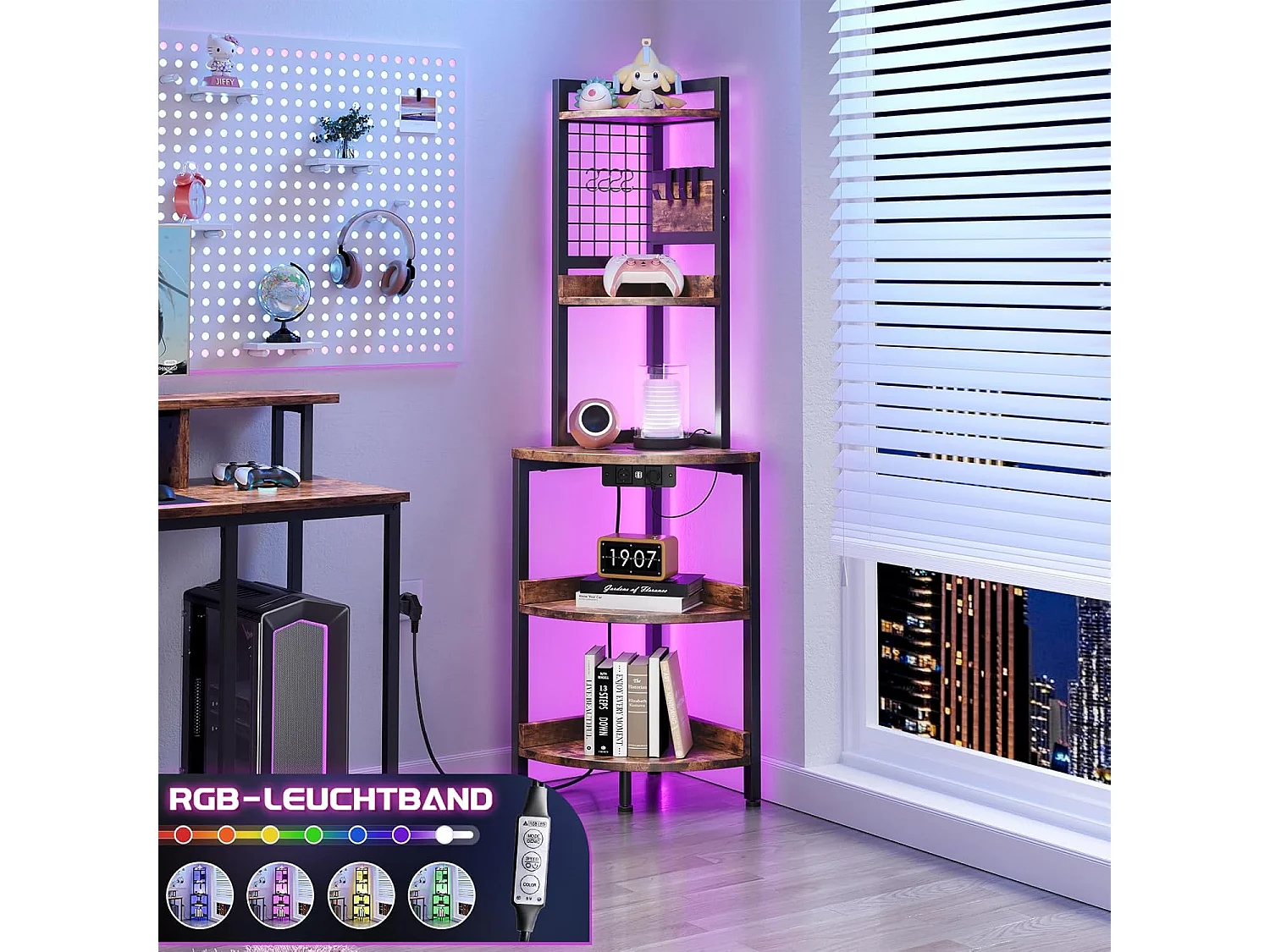 Dripex Étagère d'angle à 5 niveaux avec prises électriques, bibliothèque sur pied avec éclairage LED, pour salon et cuisine, marron vintage et noir, 40x40x152cm