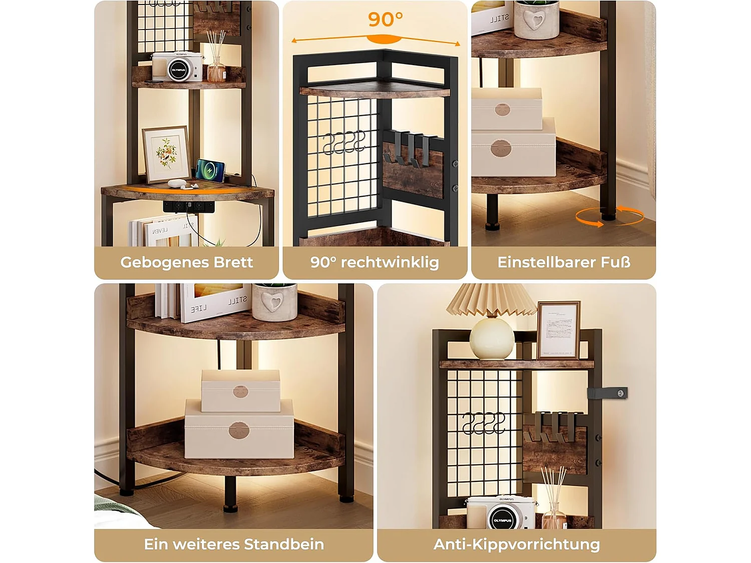 Dripex Étagère d'angle à 5 niveaux avec prises électriques, bibliothèque sur pied avec éclairage LED, pour salon et cuisine, marron vintage et noir, 40x40x152cm