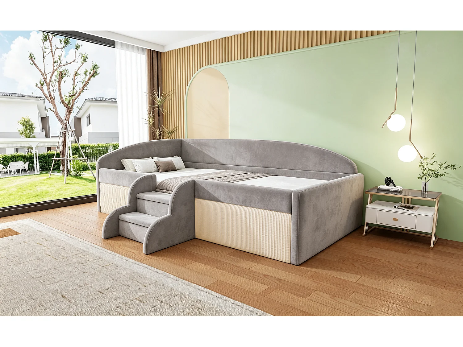 Lit capitonné 90 x 190 cm avec barrières de sécurité et 2 marches antidérapantes - Velours + métal + MDF - Gris (Sans matelas)