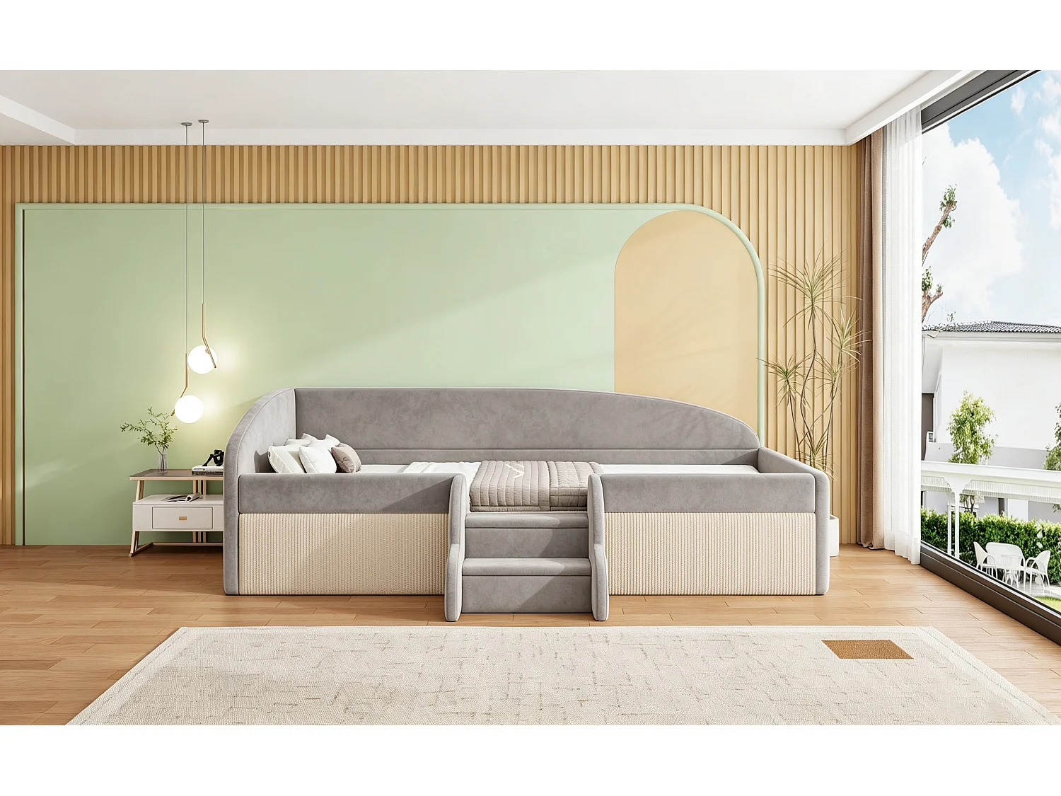 Lit capitonné 90 x 190 cm avec barrières de sécurité et 2 marches antidérapantes - Velours + métal + MDF - Gris (Sans matelas)