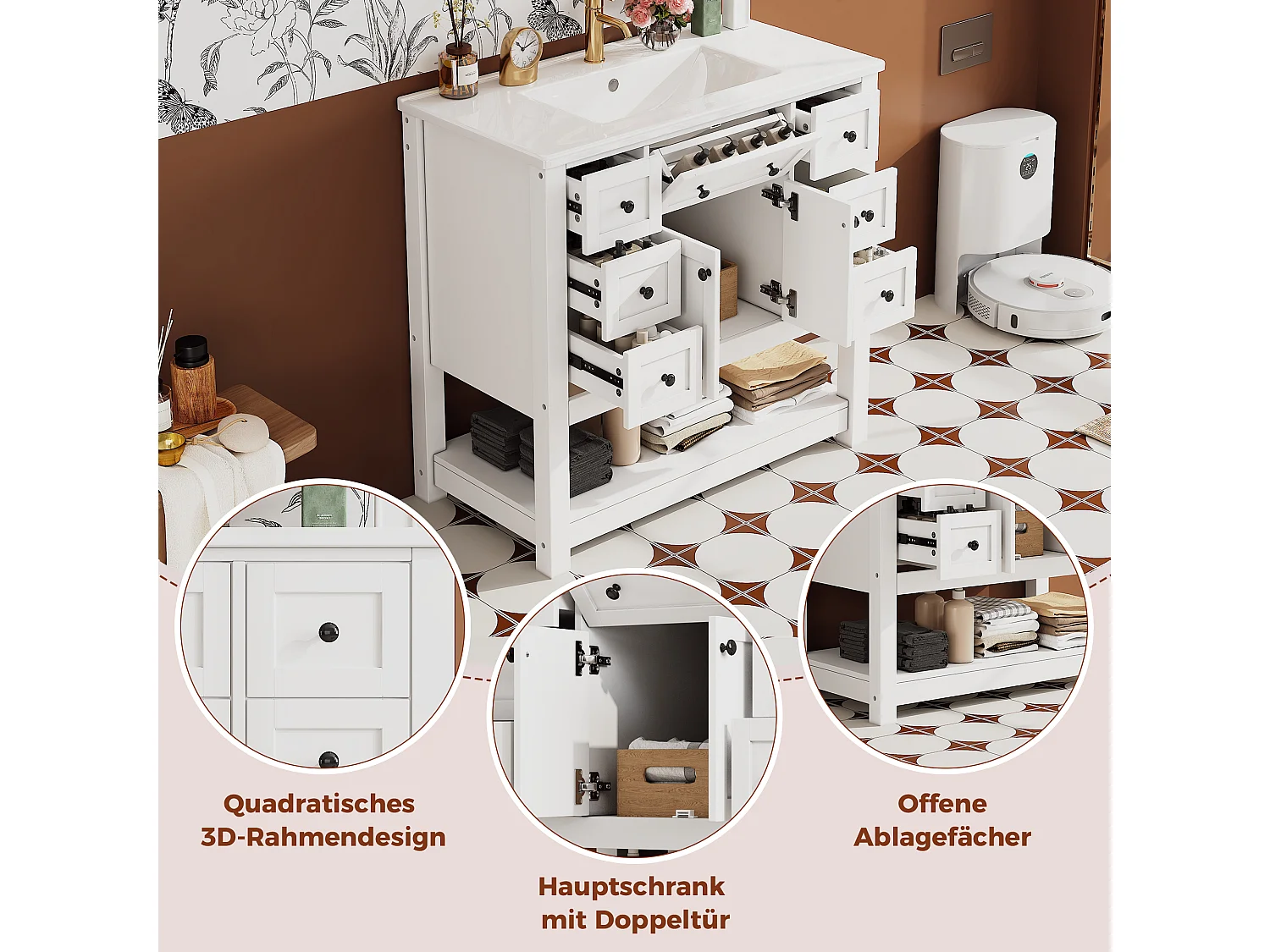 Badeværelsesskab med keramisk vask, 6 skuffer og 2 døre - MDF og keramik - 91,5 x 46,5 x 90 cm - Hvid