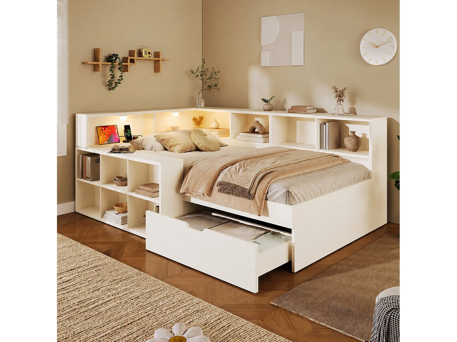 Divano letto 90 x 200 cm con vani portaoggetti, lampada da lettura, USB/Type-C e 1 cassetto - Truciolato - Bianco (Materasso non incluso)
