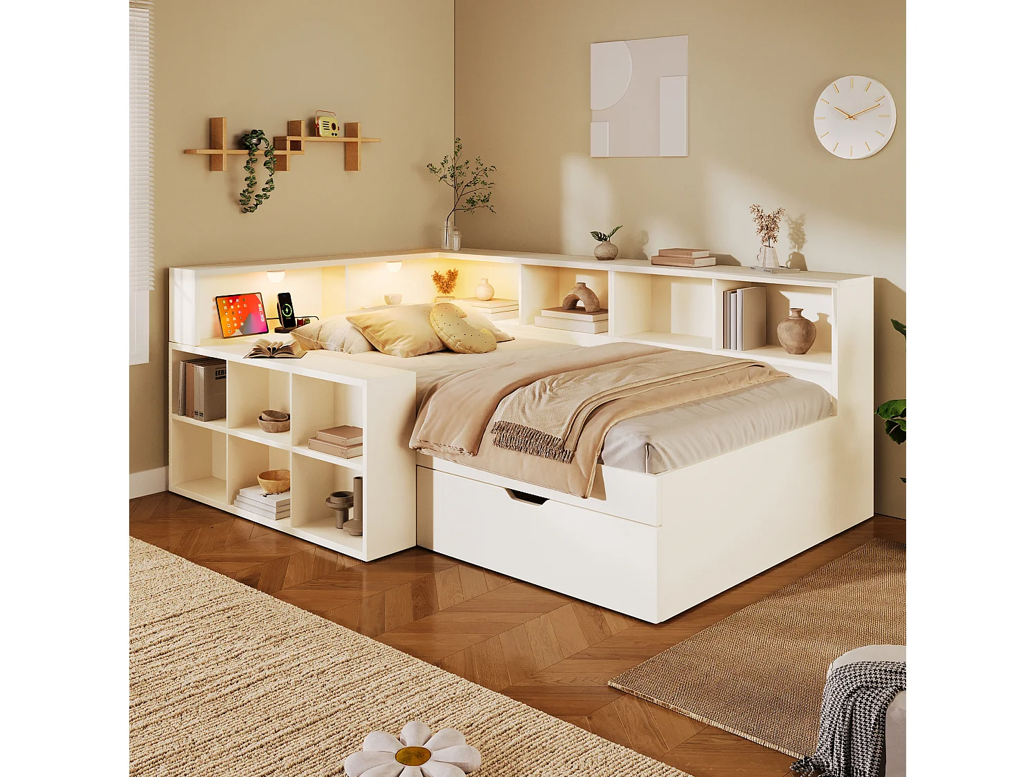 Divano letto 90 x 200 cm con vani portaoggetti, lampada da lettura, USB/Type-C e 1 cassetto - Truciolato - Bianco (Materasso non incluso)