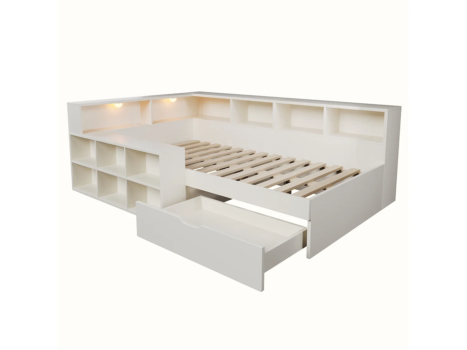 Divano letto 90 x 200 cm con vani portaoggetti, lampada da lettura, USB/Type-C e 1 cassetto - Truciolato - Bianco (Materasso non incluso)