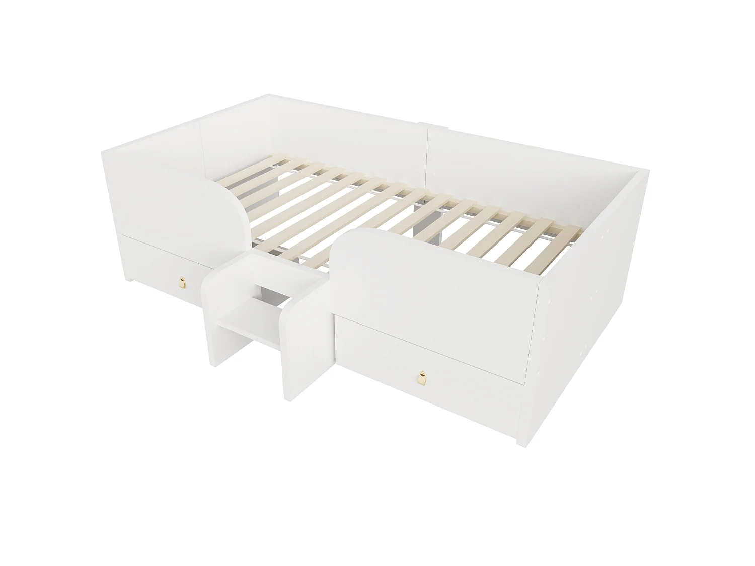Lit 90 x 200 cm avec 2 tiroirs, barrières de sécurité et petite échelle - MDF et contreplaqué - Blanc (Sans matelas)