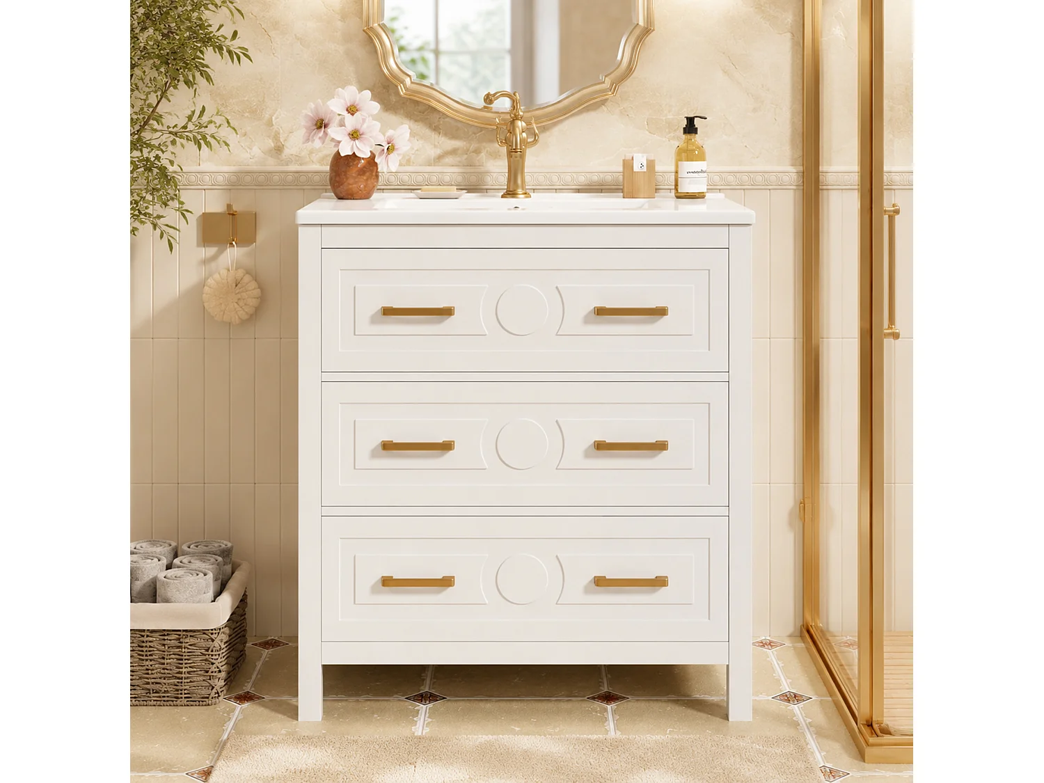 Badezimmer-Waschtisch mit Keramikwaschbecken, 3 Schubladen – MDF und Keramik – 76,5 x 47 x 82 cm – Weiß