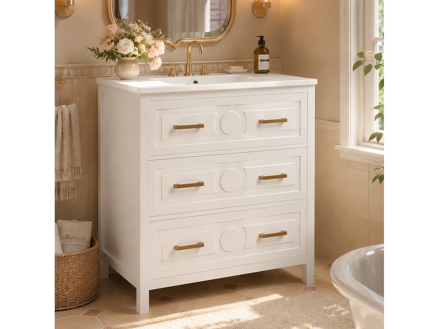Badezimmer-Waschtisch mit Keramikwaschbecken, 3 Schubladen – MDF und Keramik – 76,5 x 47 x 82 cm – Weiß