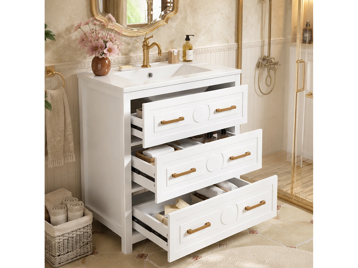 Badezimmer-Waschtisch mit Keramikwaschbecken, 3 Schubladen – MDF und Keramik – 76,5 x 47 x 82 cm – Weiß