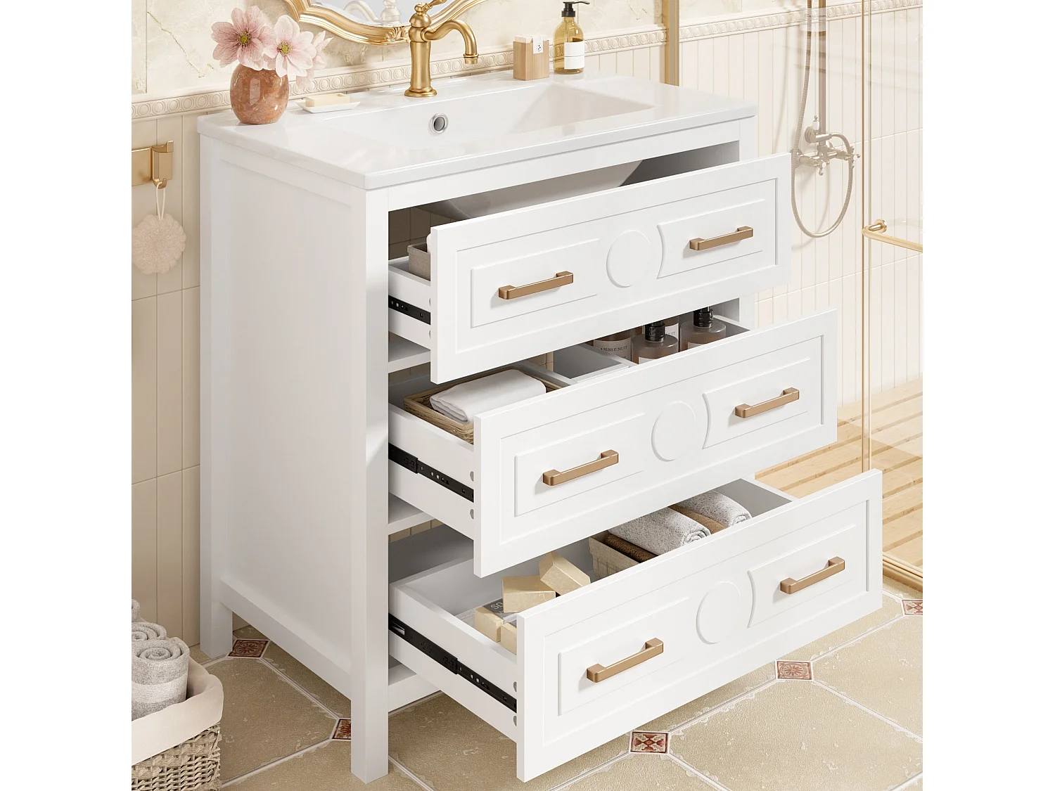 Badezimmer-Waschtisch mit Keramikwaschbecken, 3 Schubladen – MDF und Keramik – 76,5 x 47 x 82 cm – Weiß