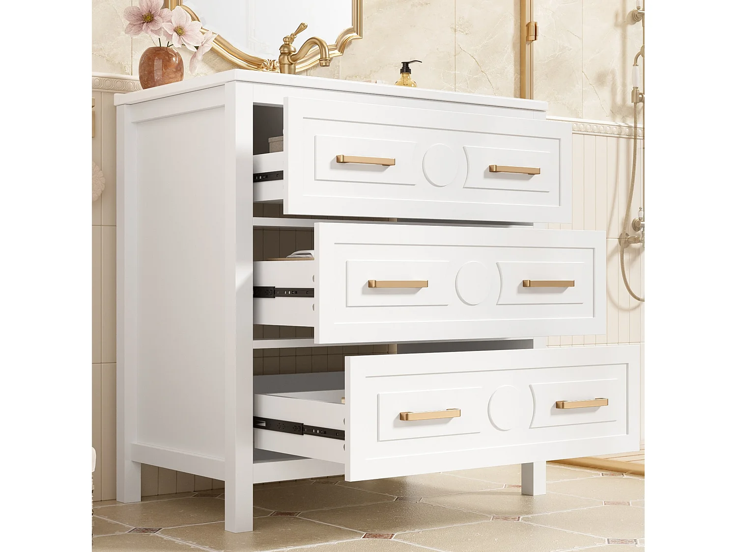 Badezimmer-Waschtisch mit Keramikwaschbecken, 3 Schubladen – MDF und Keramik – 76,5 x 47 x 82 cm – Weiß