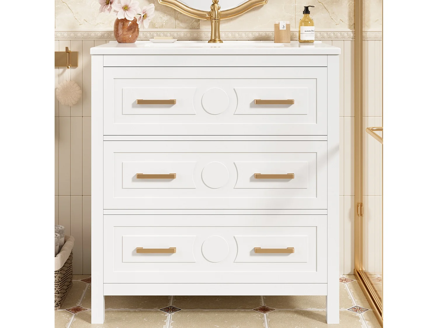 Badezimmer-Waschtisch mit Keramikwaschbecken, 3 Schubladen – MDF und Keramik – 76,5 x 47 x 82 cm – Weiß