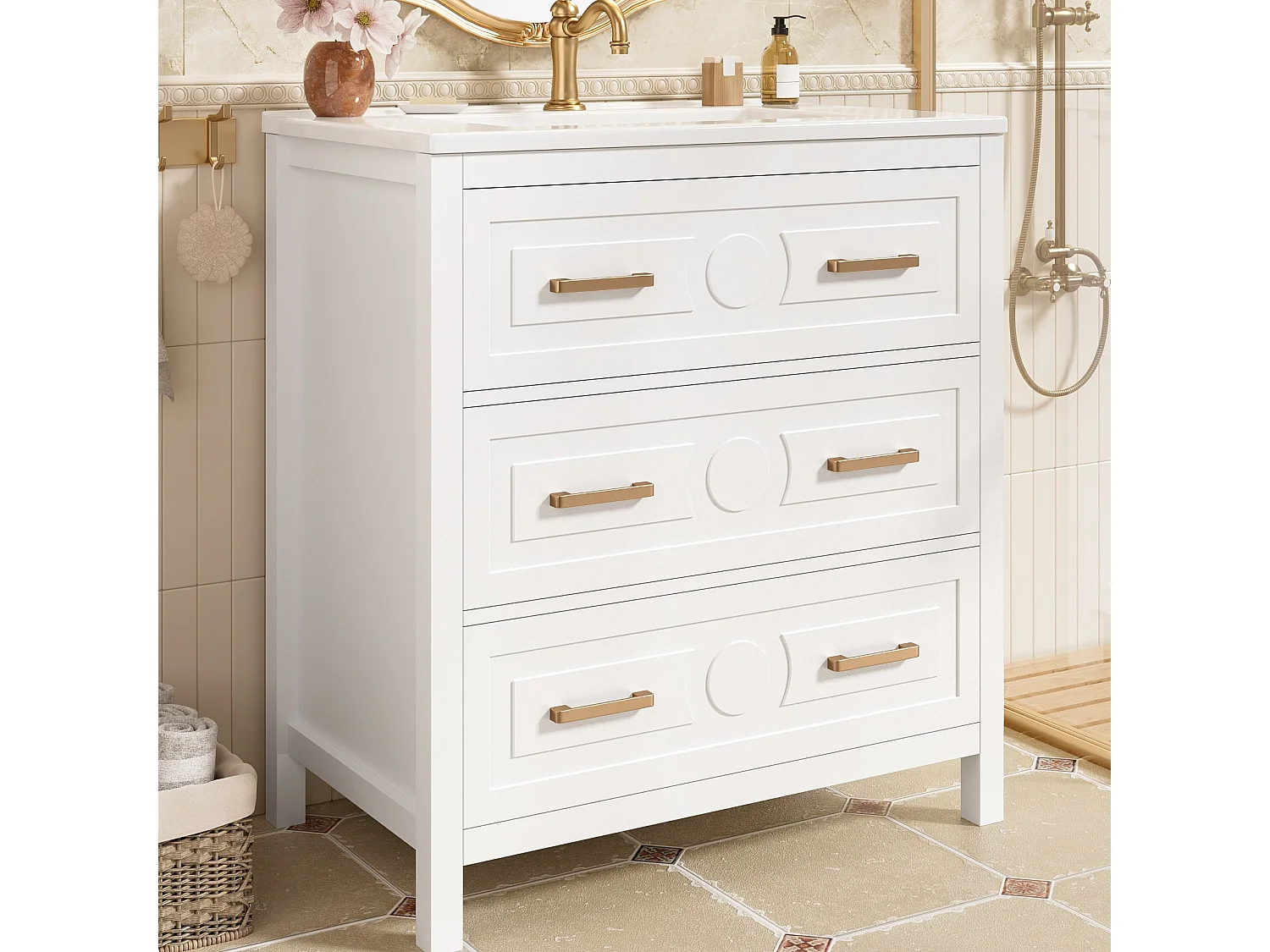 Badezimmer-Waschtisch mit Keramikwaschbecken, 3 Schubladen – MDF und Keramik – 76,5 x 47 x 82 cm – Weiß