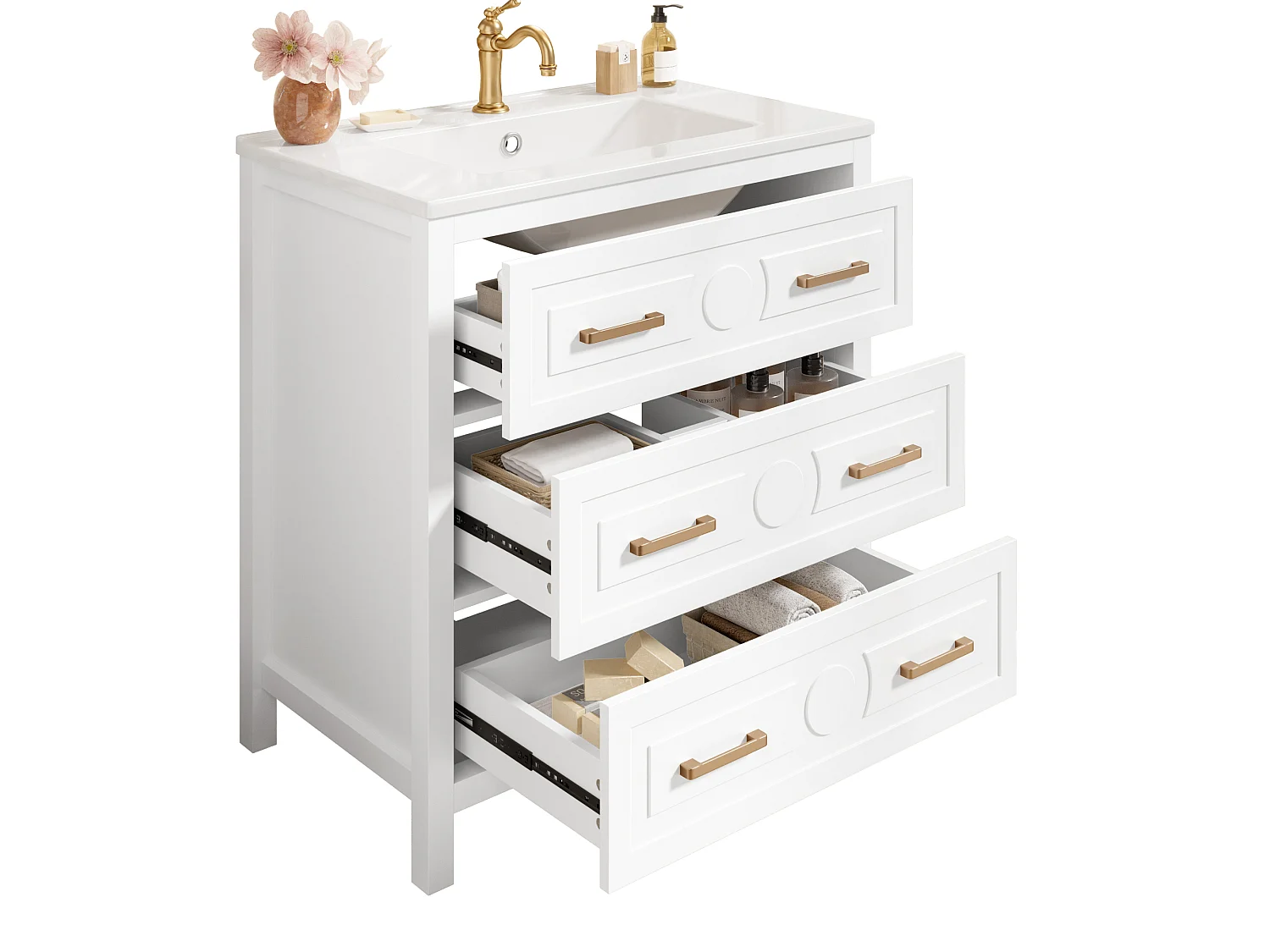 Badezimmer-Waschtisch mit Keramikwaschbecken, 3 Schubladen – MDF und Keramik – 76,5 x 47 x 82 cm – Weiß