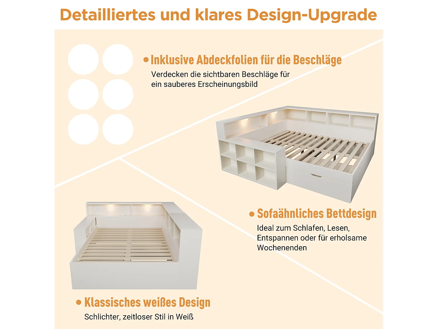 Divano letto 140 x 200 cm con vani portaoggetti, lampada da lettura, USB/Type-C e 1 cassetto - Truciolato - Bianco (Materasso non incluso)