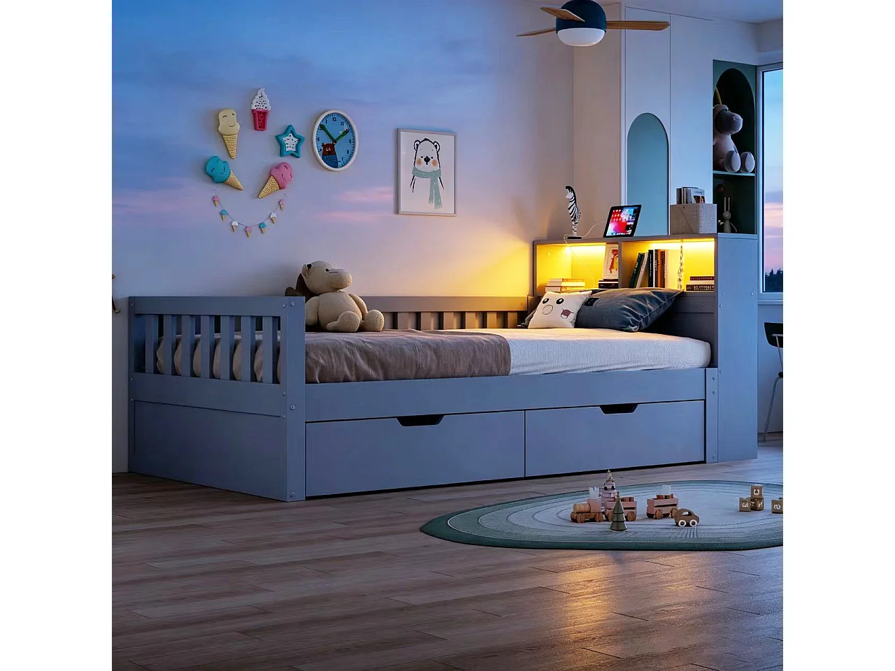 Multifunktionel seng 90 x 200 cm med 2 skuffer, hylder, LED og USB-porte - Fyrretræ + MDF - Grå (Madras medfølger ikke)