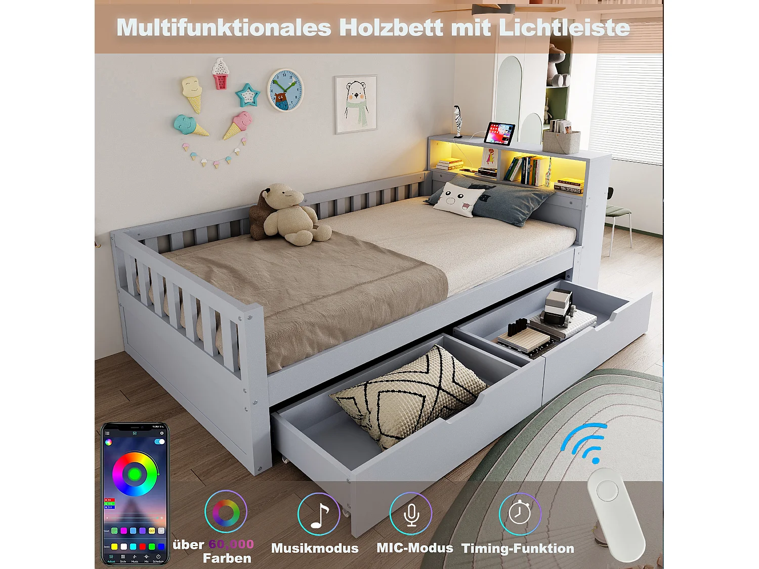 Multifunktionel seng 90 x 200 cm med 2 skuffer, hylder, LED og USB-porte - Fyrretræ + MDF - Grå (Madras medfølger ikke)