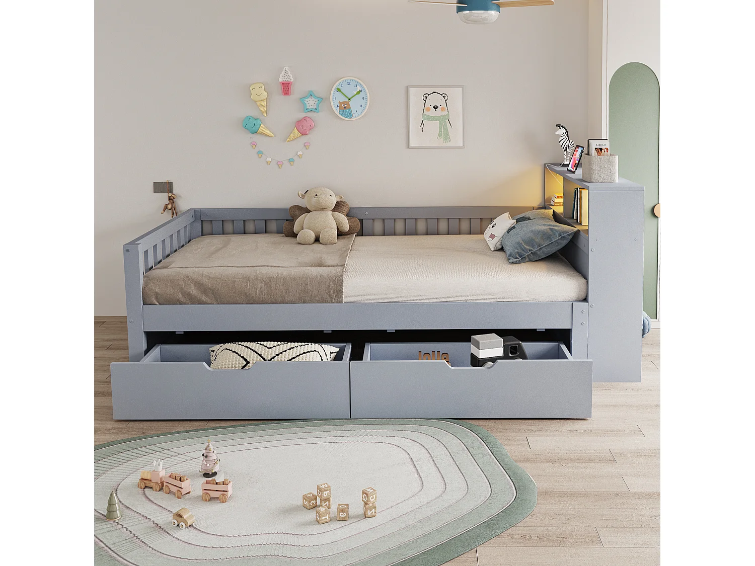 Multifunktionel seng 90 x 200 cm med 2 skuffer, hylder, LED og USB-porte - Fyrretræ + MDF - Grå (Madras medfølger ikke)