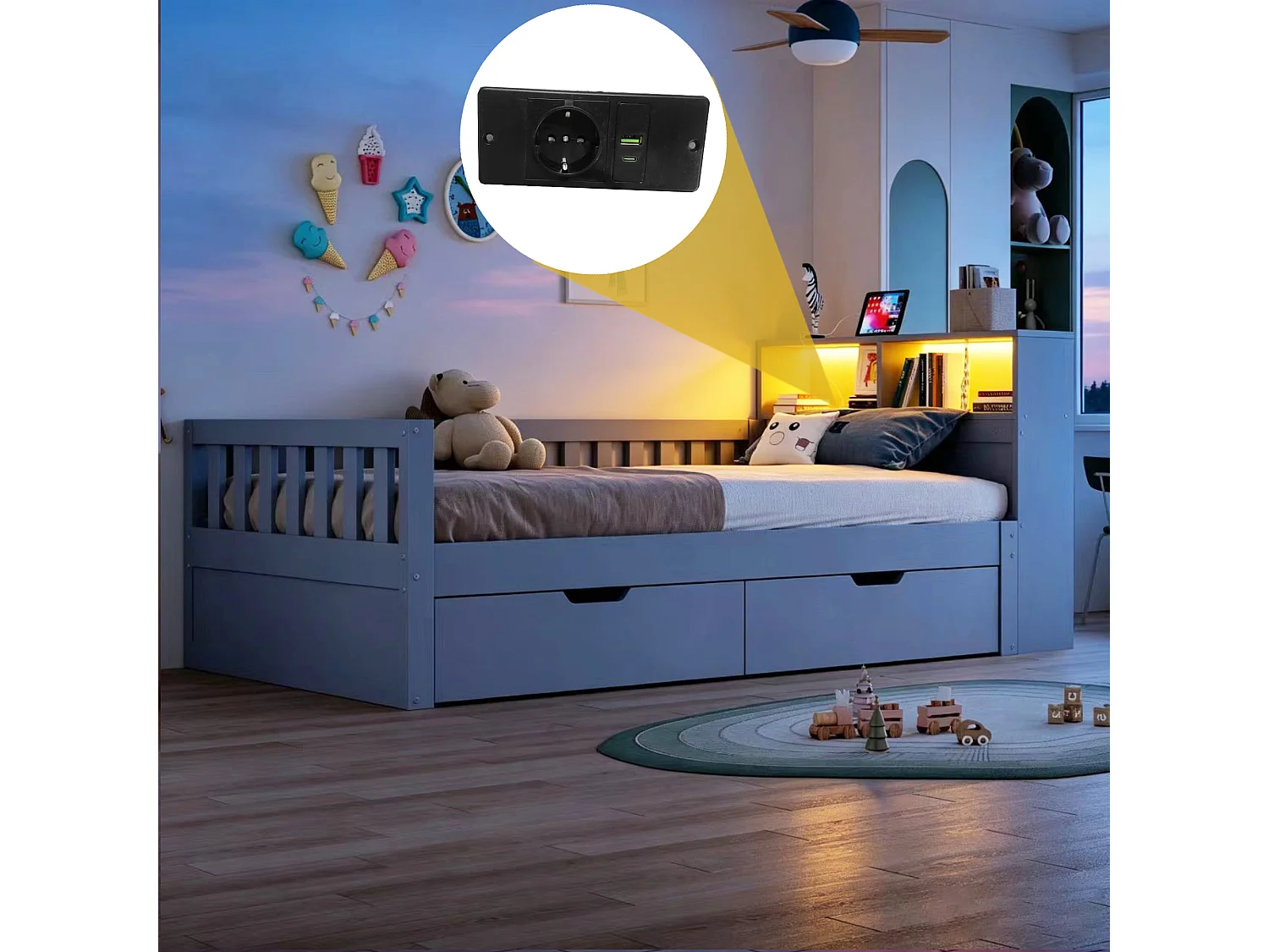 Multifunktionel seng 90 x 200 cm med 2 skuffer, hylder, LED og USB-porte - Fyrretræ + MDF - Grå (Madras medfølger ikke)