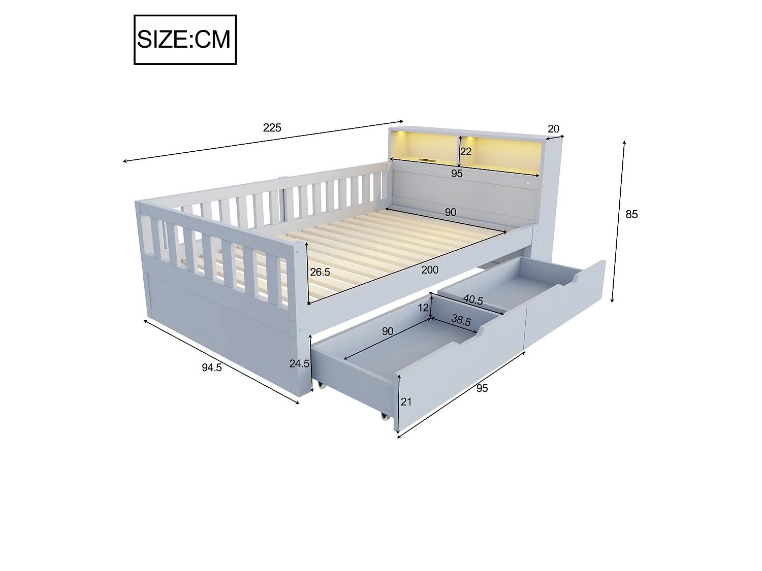 Multifunktionel seng 90 x 200 cm med 2 skuffer, hylder, LED og USB-porte - Fyrretræ + MDF - Grå (Madras medfølger ikke)