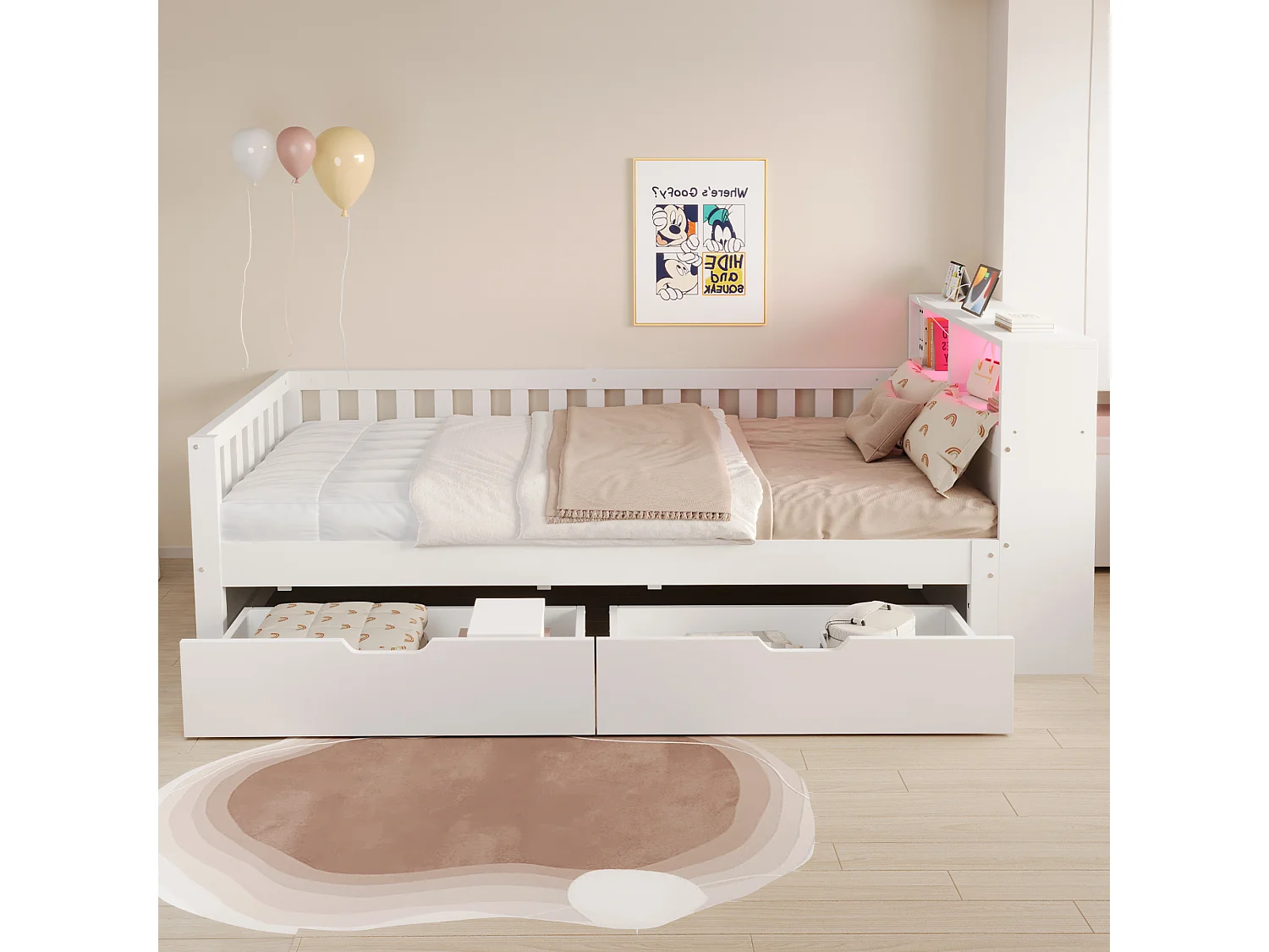 Multifunktionel seng 90 x 200 cm med 2 skuffer, hylder, LED og USB-porte - Fyrretræ + MDF - Hvid (Madras medfølger ikke)