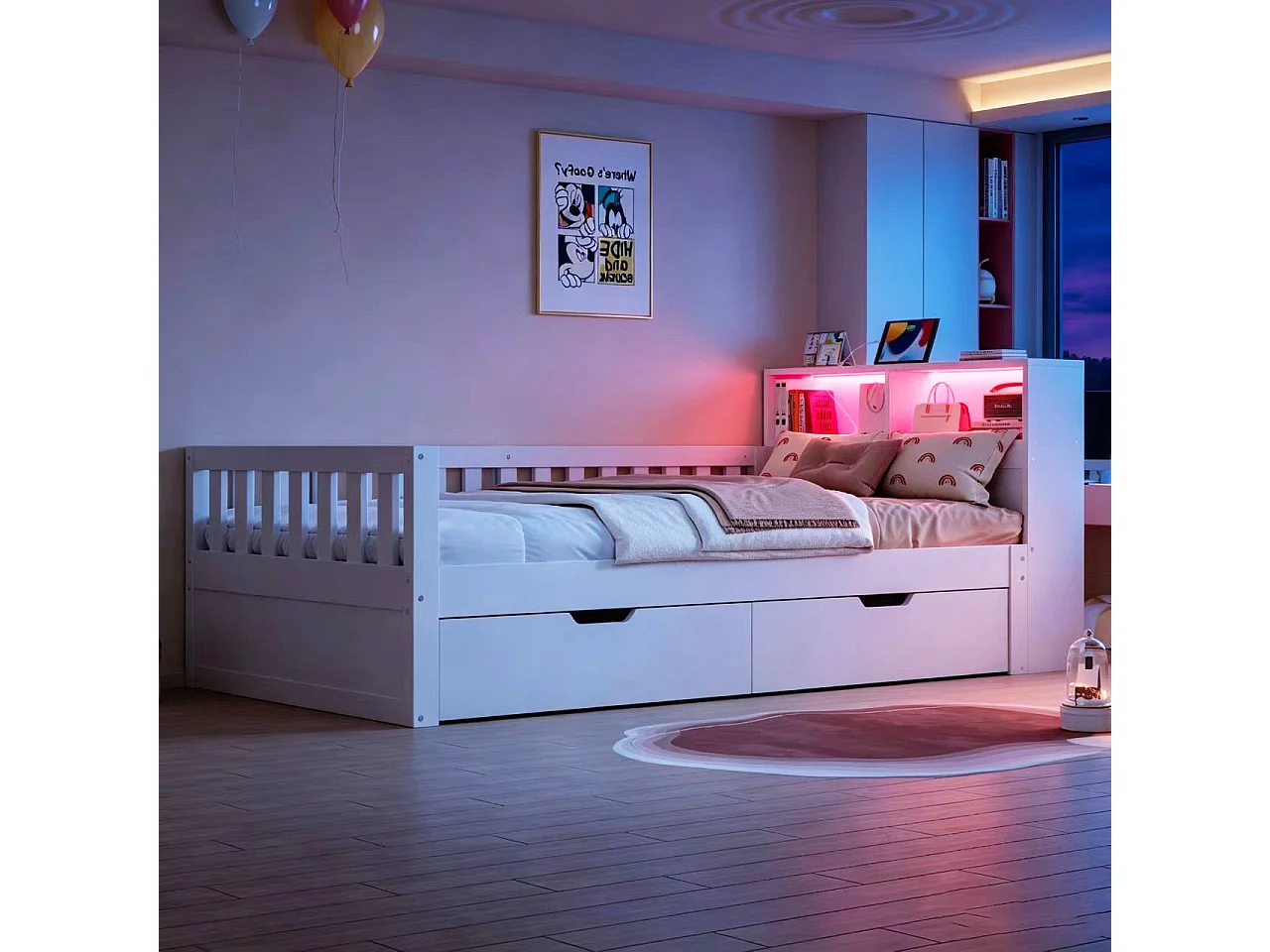 Multifunktionel seng 90 x 200 cm med 2 skuffer, hylder, LED og USB-porte - Fyrretræ + MDF - Hvid (Madras medfølger ikke)