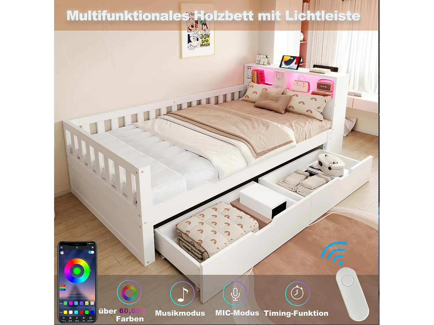 Multifunktionel seng 90 x 200 cm med 2 skuffer, hylder, LED og USB-porte - Fyrretræ + MDF - Hvid (Madras medfølger ikke)