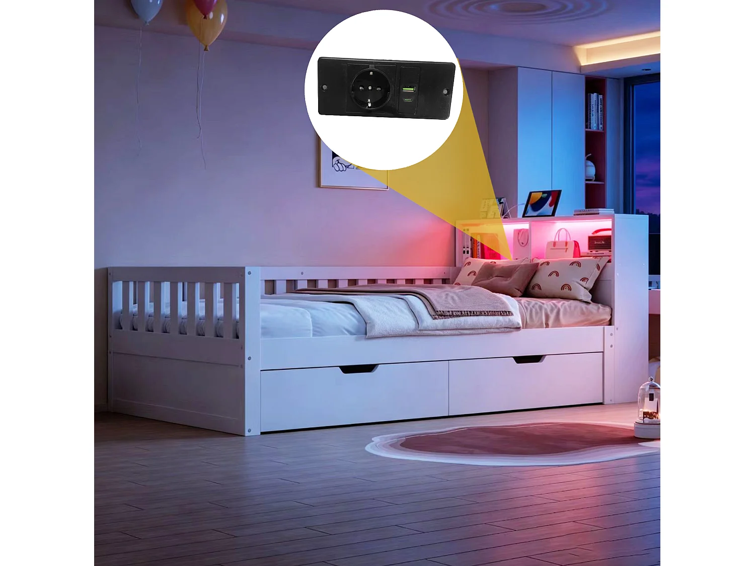 Multifunktionel seng 90 x 200 cm med 2 skuffer, hylder, LED og USB-porte - Fyrretræ + MDF - Hvid (Madras medfølger ikke)