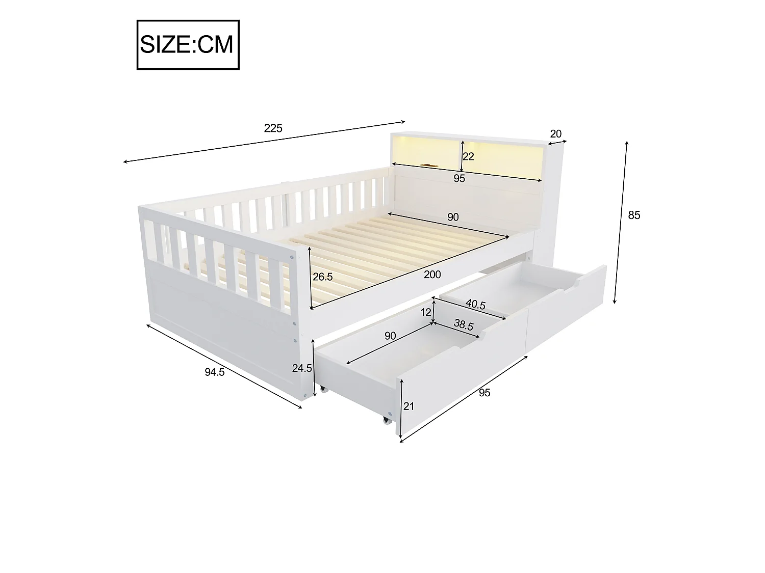 Multifunktionel seng 90 x 200 cm med 2 skuffer, hylder, LED og USB-porte - Fyrretræ + MDF - Hvid (Madras medfølger ikke)