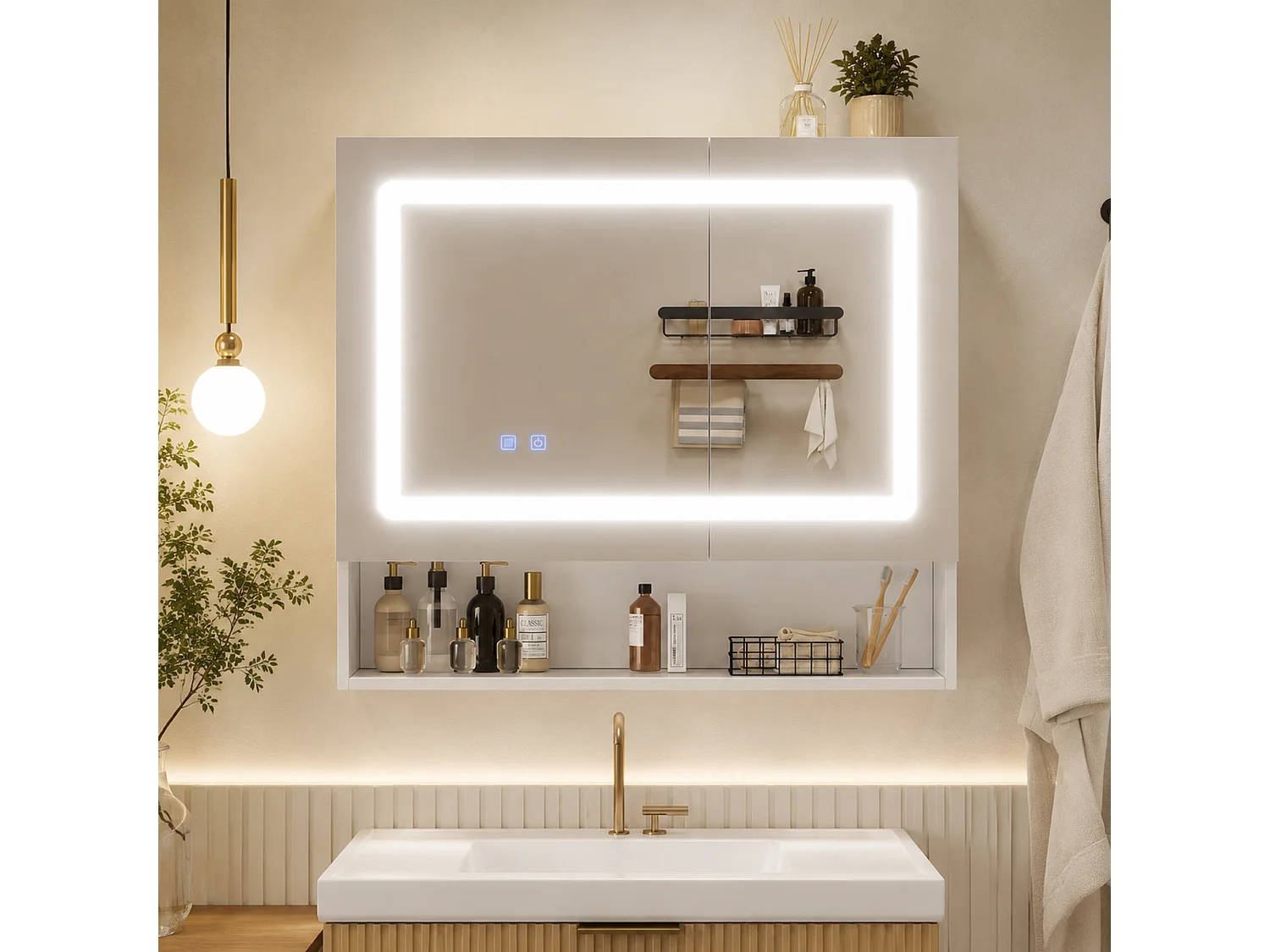 Wandhängender Waschtisch mit LED-Spiegel, 2 Spiegeltüren und 3 Ablagefächern – MDF und Glas – 80 x 17 x 70 cm – Weiß