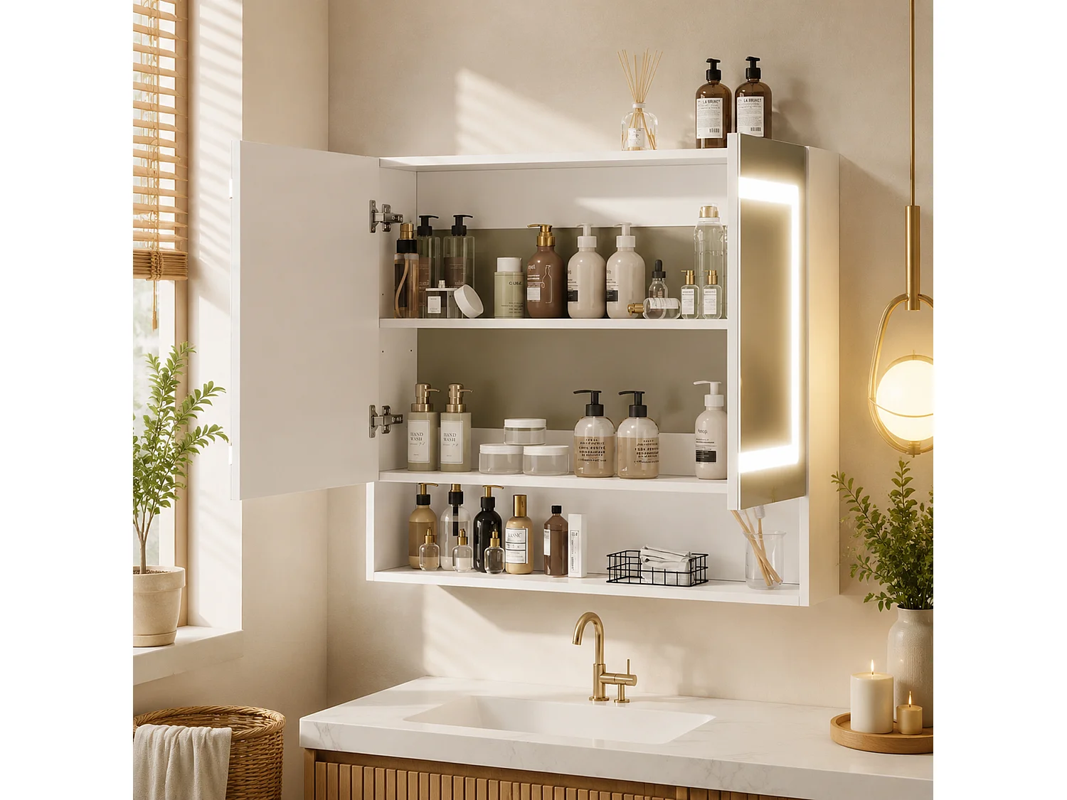 Wandhängender Waschtisch mit LED-Spiegel, 2 Spiegeltüren und 3 Ablagefächern – MDF und Glas – 80 x 17 x 70 cm – Weiß