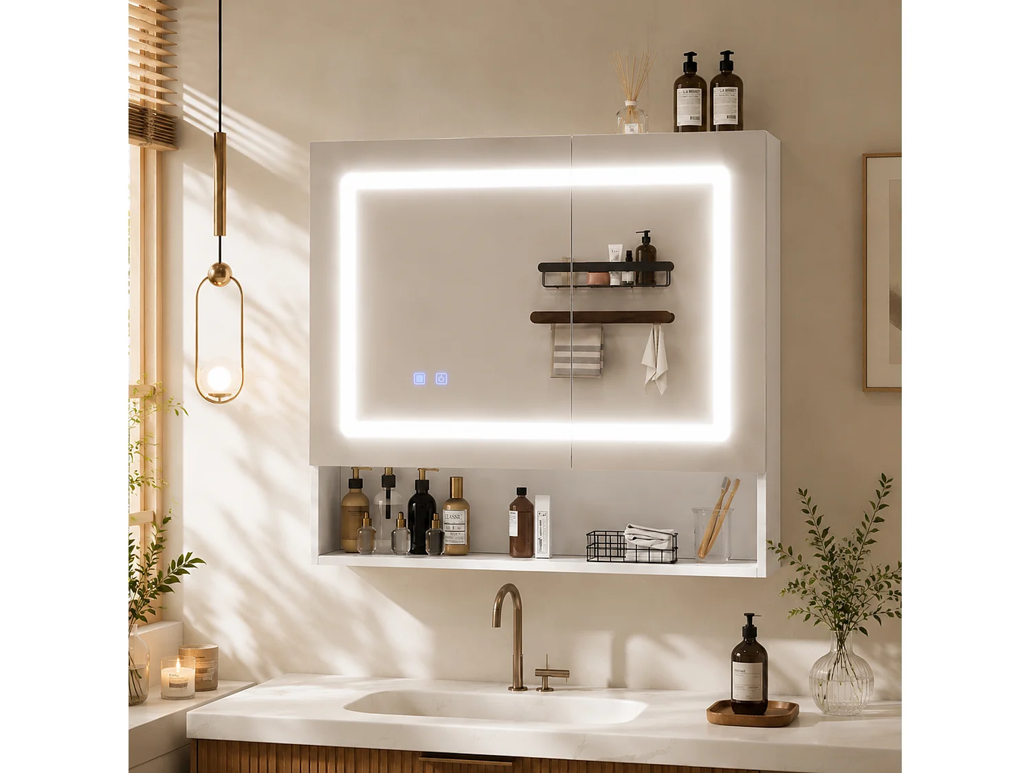 Wandhängender Waschtisch mit LED-Spiegel, 2 Spiegeltüren und 3 Ablagefächern – MDF und Glas – 80 x 17 x 70 cm – Weiß