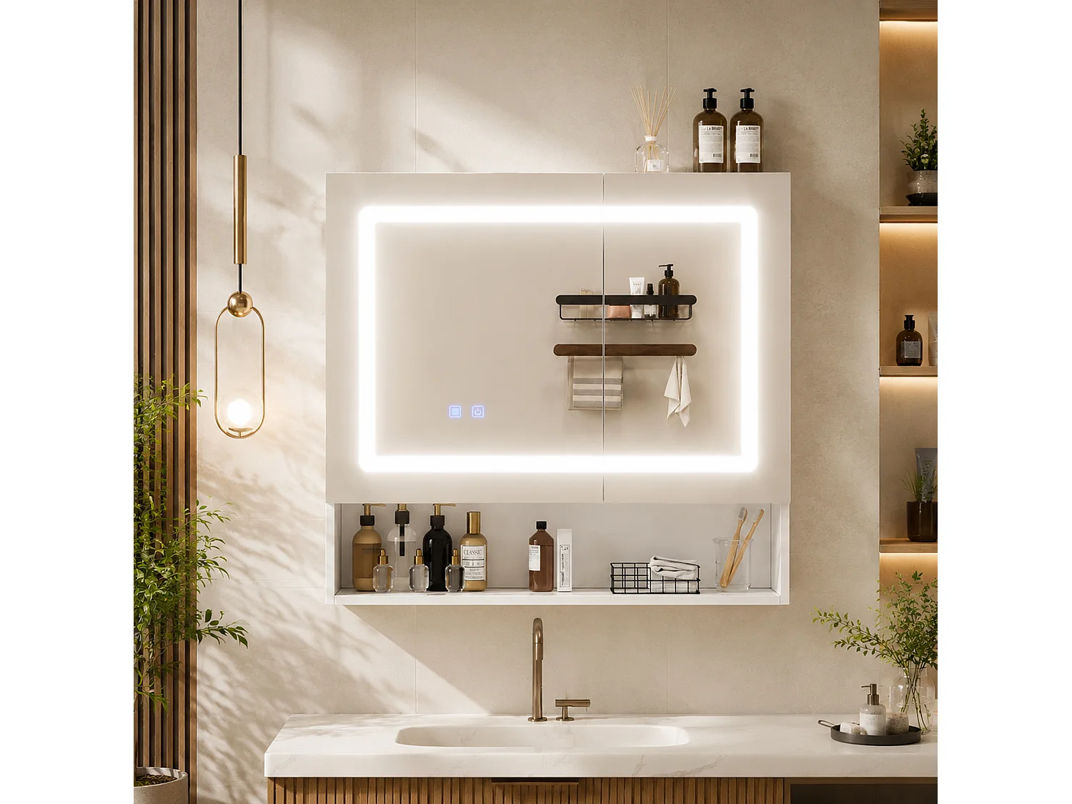 Wandhängender Waschtisch mit LED-Spiegel, 2 Spiegeltüren und 3 Ablagefächern – MDF und Glas – 80 x 17 x 70 cm – Weiß