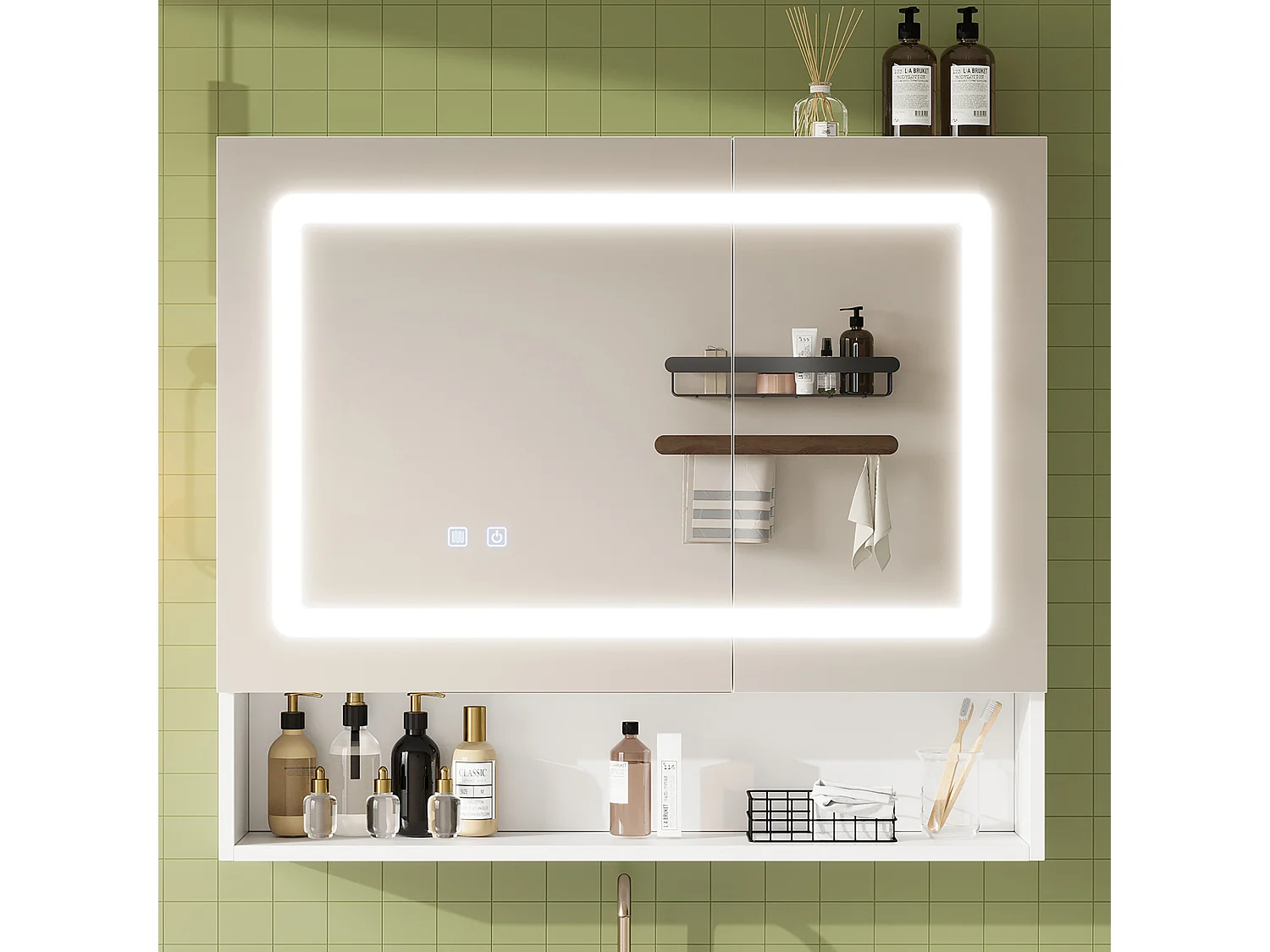 Wandhängender Waschtisch mit LED-Spiegel, 2 Spiegeltüren und 3 Ablagefächern – MDF und Glas – 80 x 17 x 70 cm – Weiß