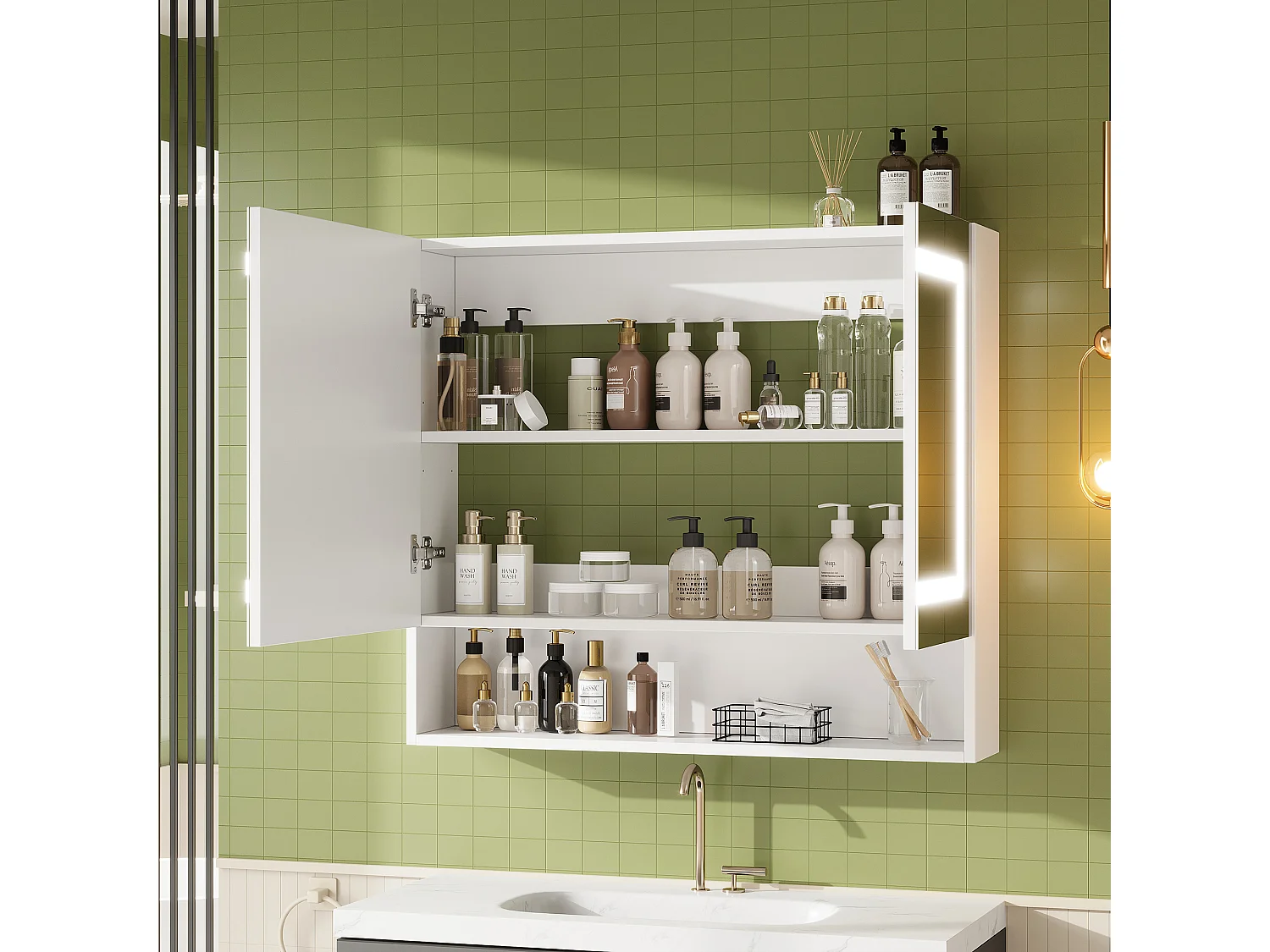 Wandhängender Waschtisch mit LED-Spiegel, 2 Spiegeltüren und 3 Ablagefächern – MDF und Glas – 80 x 17 x 70 cm – Weiß
