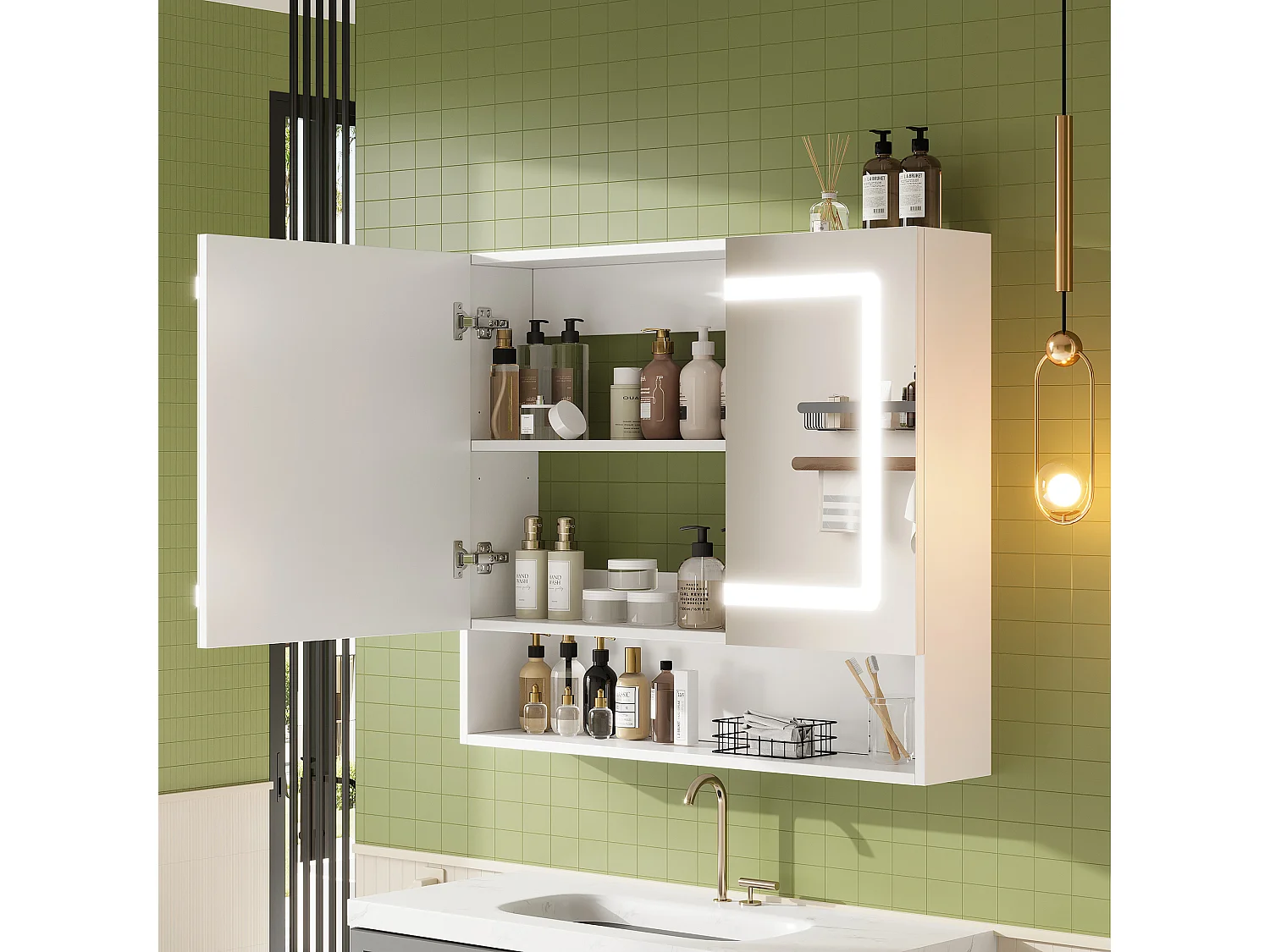 Wandhängender Waschtisch mit LED-Spiegel, 2 Spiegeltüren und 3 Ablagefächern – MDF und Glas – 80 x 17 x 70 cm – Weiß